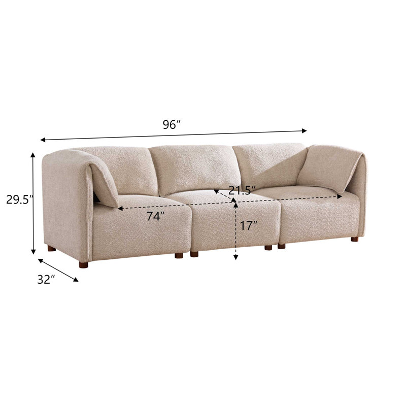 Zeno Modern Contemporary Boucle Modular Sectional Sofa with Rubberwood Leg, 96''W x32''Dx29.50''H
