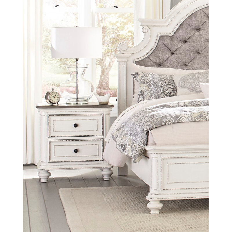 Table de chevet pour chambre à coucher en blanc antique et brun avec tiroirs pratiques, optimisation de l'espace à 2 tiroirs