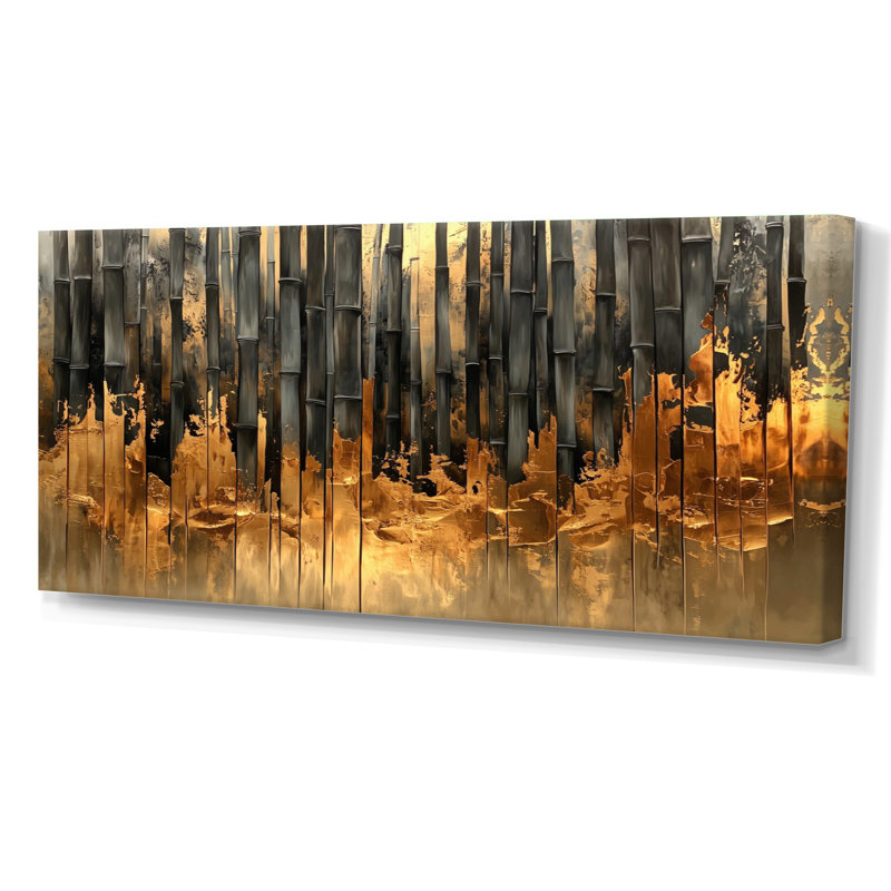 Golden Arashiyama Bamboo River I - art mural en bambou, H 28 po x l 60 po, Toile tendue, Ne s’applique pas
