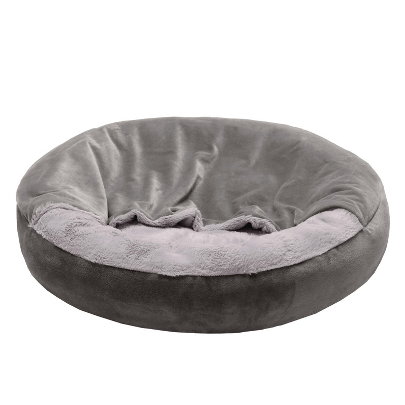 Velvet Wave Fur Hooded Donut Dog Bed, Small (24" W x 24" D x 7" H ), Dark Gray