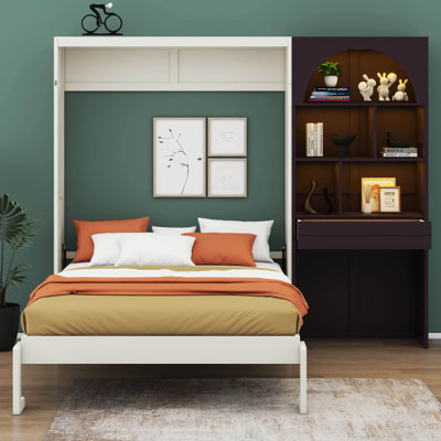 Murphy Bed with Arched Cabinet Built-in LED, Foldable Wall Bed with Multiple Open Display Compartments, Drawer