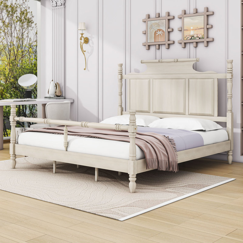 Lit plateforme avec tête de lit Wooden Country Style, Très grand, Blanc rétro