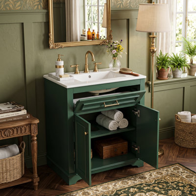 Meuble-lavabo compact 24 po avec lavabo en céramique, armoire en bois massif avec tiroir basculant et poignées dorées 24 po (vert)