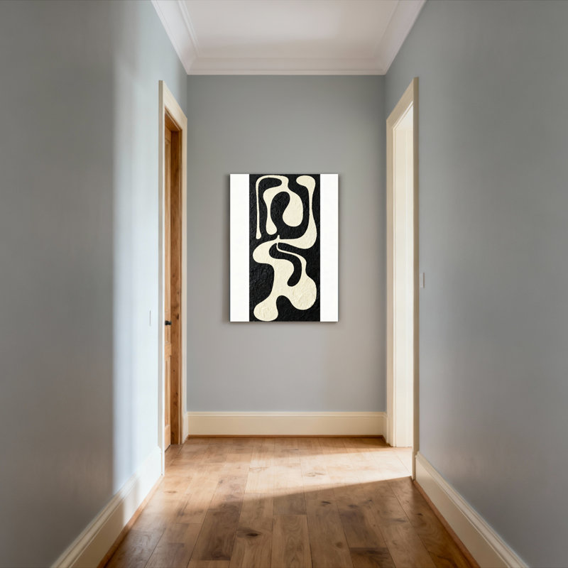 Ensemble de 1 tableau sur toile tendue, formes fluides abstraites en noir et blanc, H 18 po x l 12 po