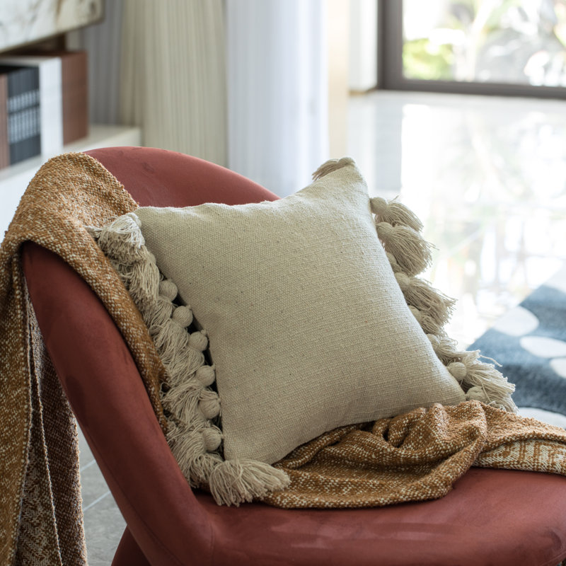 17'' Handwoven Cotton Euro Pillow Cover with Fringed Tassels, Natural