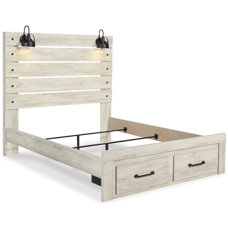 White Queen Upholstered Storage Bed with Headboard and Drawers