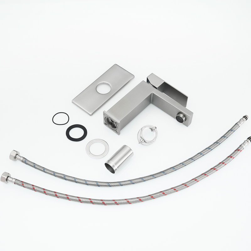 Robinet de salle de bain contemporain avec bec cascade, nickel brossé, fixation sur le comptoir, un trou, poignée, bonde escamotable, conduites d'alimentation, valve à cartouche, effet de robinet latéral, finition nickel, remplissage en céramique