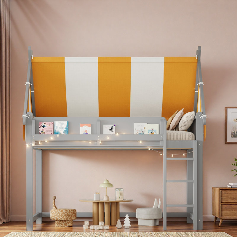 Loft Bed With Canopy, Led Lights And Book Shelf, Full, Grey