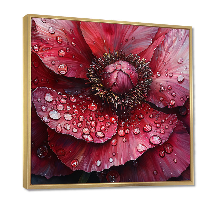 Raindrop Red Peony In Winter II - coquelicots, art mural pour le salon, H 16 po x l 16 po, Impression encadrée flottante