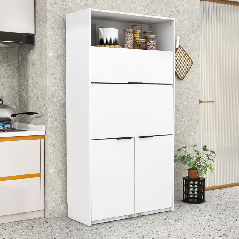 Multifunctional Kitchen Pantry Buffet with Storage,  Drop-Down Desk, White