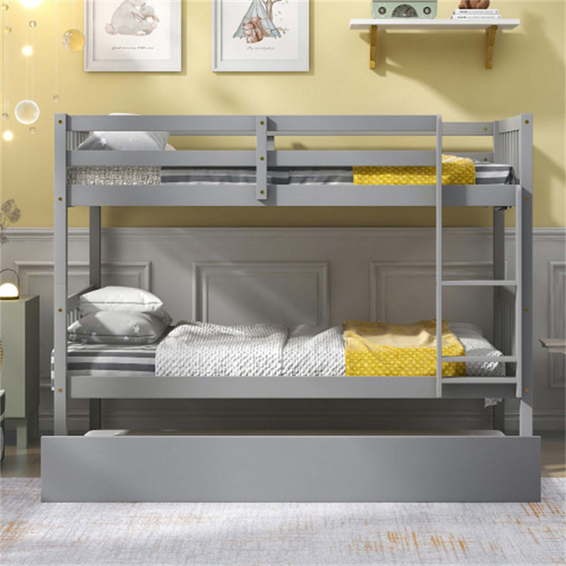 Twin Over Twin Bunk Bed with Trundle, Gray, Twin