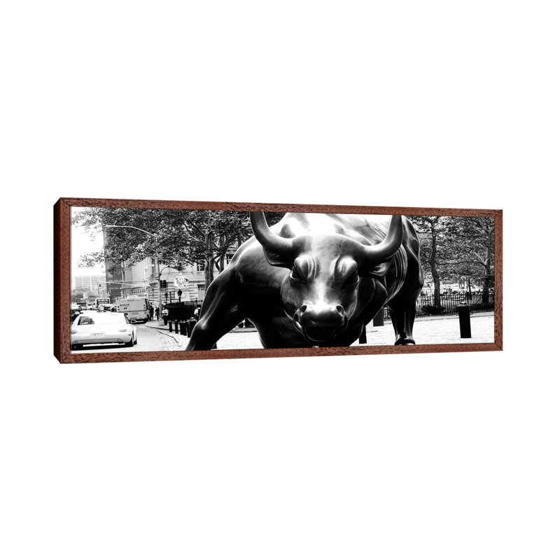 Wall Street Bull Close-up - Panoramic Print on Canvas, Brown Framed, 121.92 cm H x 40.64 cm W