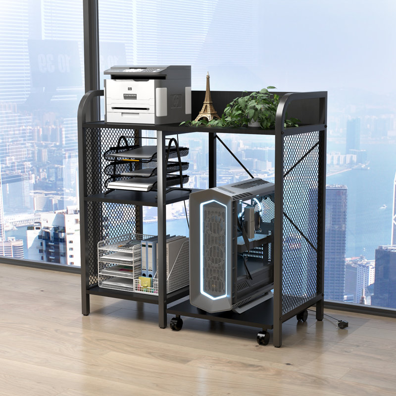 Black Metal and Wood Printer Stand with Storage and Power Outlet