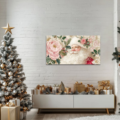  Art mural de Noël sur toile, décoration murale de père Noël floral festif, impressions sur toile de vacances de style rétro avec baies et pivoines, affiche suspendue en hiver pour le salon, la famille, le bureau, 60 x 30 pouces