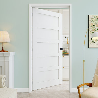28" x 96" 5-Panel Interior Prehung Door with Round Knob and Silver Hinges, Solid Core Door Slab, Paintable & Waterproof, Suit for Laundry, Closet Doors, Room Doors, Left Hand