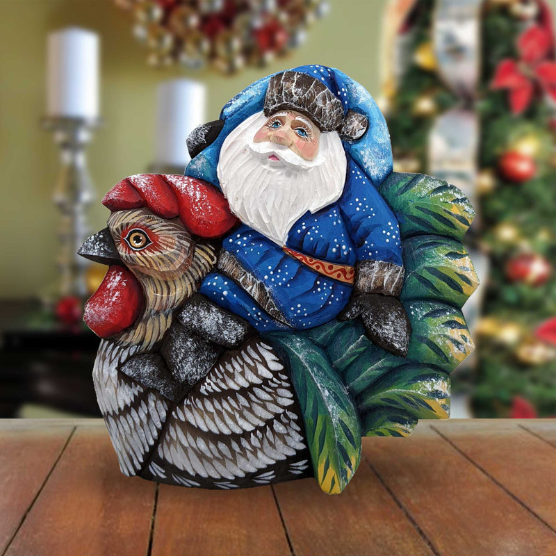 Masterpiece Woodcarved Rooster Traveler Santa Figurine
