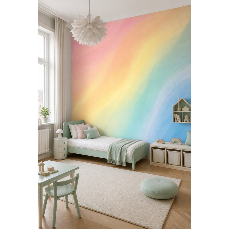 Papier peint aquarelle texturé pastel dégradé amovible arc-en-ciel, 160 po x 108 po, Texturé non collé