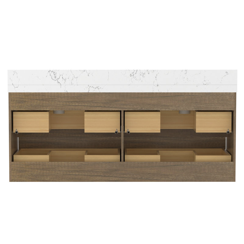 Wall-Mounted Bath Vanity With Engineered Marble Top, Antique Oak, 60"
