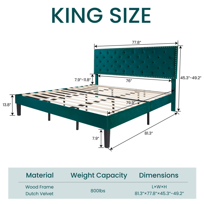 Aleiny Velvet Bed with Adjustable Upholstered Headboard, King, Lake Blue