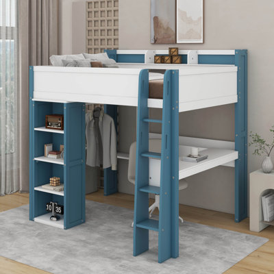 Full Size Loft Bed With Shelves, Clothes Rails And Desk