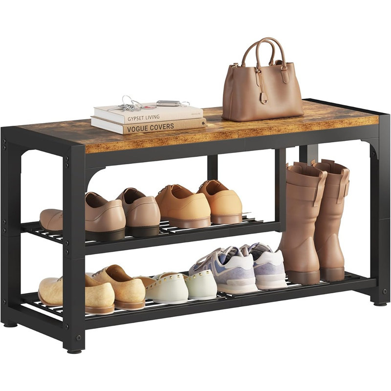 Banc de rangement industriel à 3 niveaux pour chaussures, rangement pour hall d'entrée de 31,5 pouces avec tablettes en filet, rangement pour bottes, brun rustique