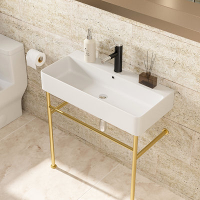 Console 32 po avec trop-plein - vasque en porcelaine blanche pour différents environnements en céramique et pieds élégants