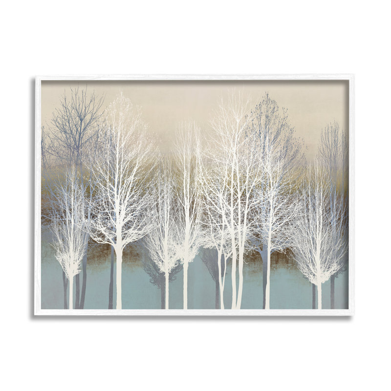 " Winter Tree Forest Silhouettes Over Abstract Pattern " by Kate Bennett, 16" H x 20" W x 2" D, Coastal White Framed Giclee