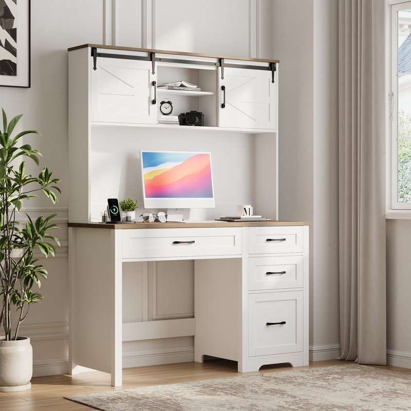 Bureau de direction Farmhouse avec huche et 4 tiroirs, Brun / Blanc