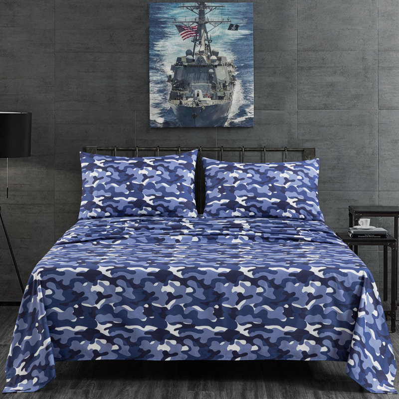Microfiber Camouflage Sheet Set, Full Sheet Set with 3 Additional Pieces, Blue/Gray
