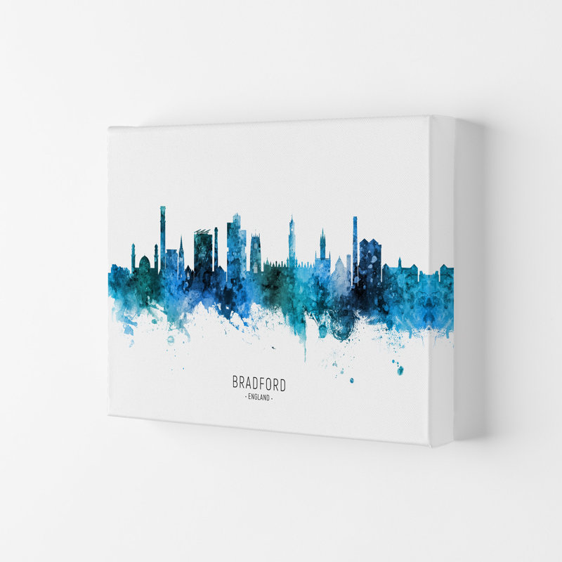 Bradford England Skyline Blue City Name by Michael Tompsett - Print, Wrapped Canvas, 59.4cm H x 84cm W x 4cm D