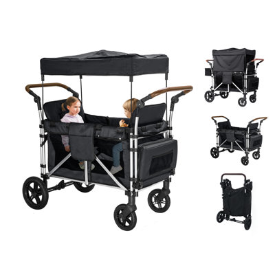 Stroller Wagon For 2 Kids,  Cart Featuring 2 High Seat With 5-point Harnesses And Adjustable Canopy, Foldable Double Push Bar For Garden -  wanan, B106149050X