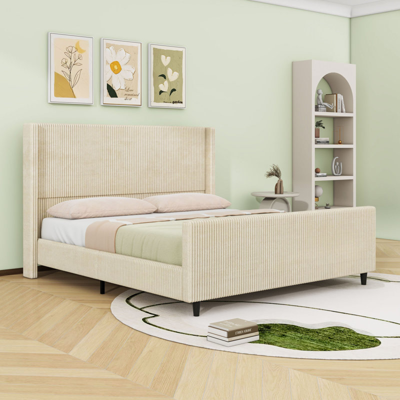 Lit plateforme tapissier avec tête de lit, Crème, Très grand