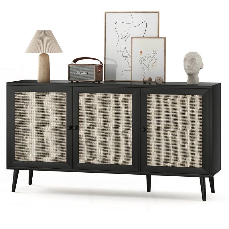 Sideboard Buffet Cabinet With 3 Rattan Doors, Modern Kitchen Storage Console Cabinet, Accent Cabinet, Black