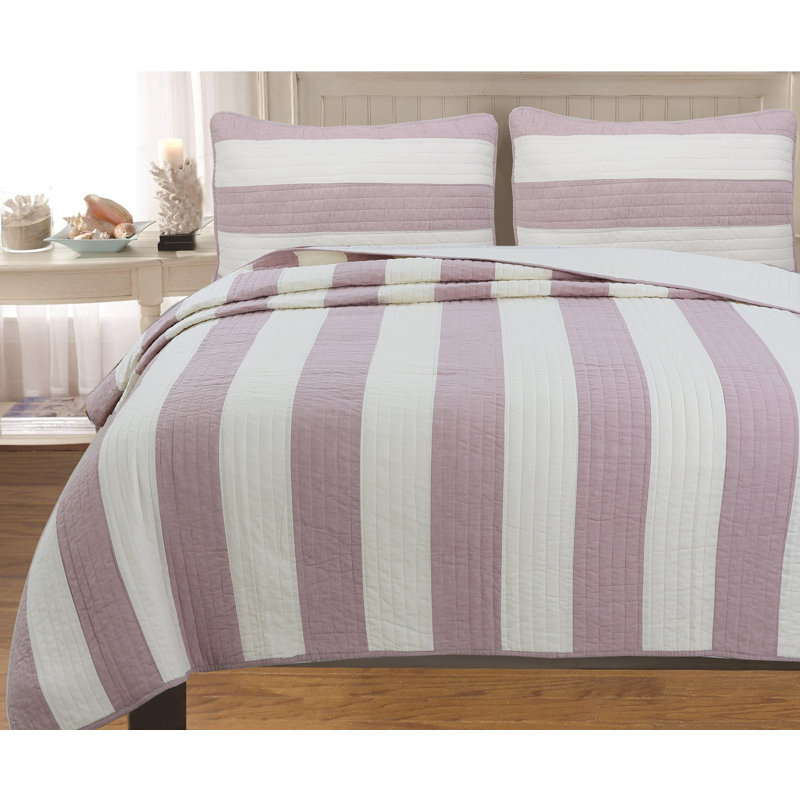 Brinley Cotton Striped Quilt, Queen Quilt + 2 Shams, Purple/White