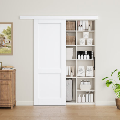 Full-assembled Door Panel, Concealed Track Sliding Barn Door White Primer Solid Wood Closet Doors With Installation Hardware Kit