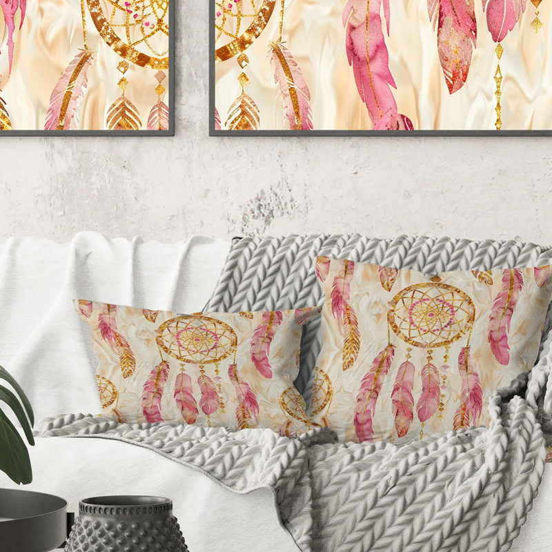 Coussin lombaire Boho Dreamcatcher III doré et rose, Carrée, H 18 po x l 18 po