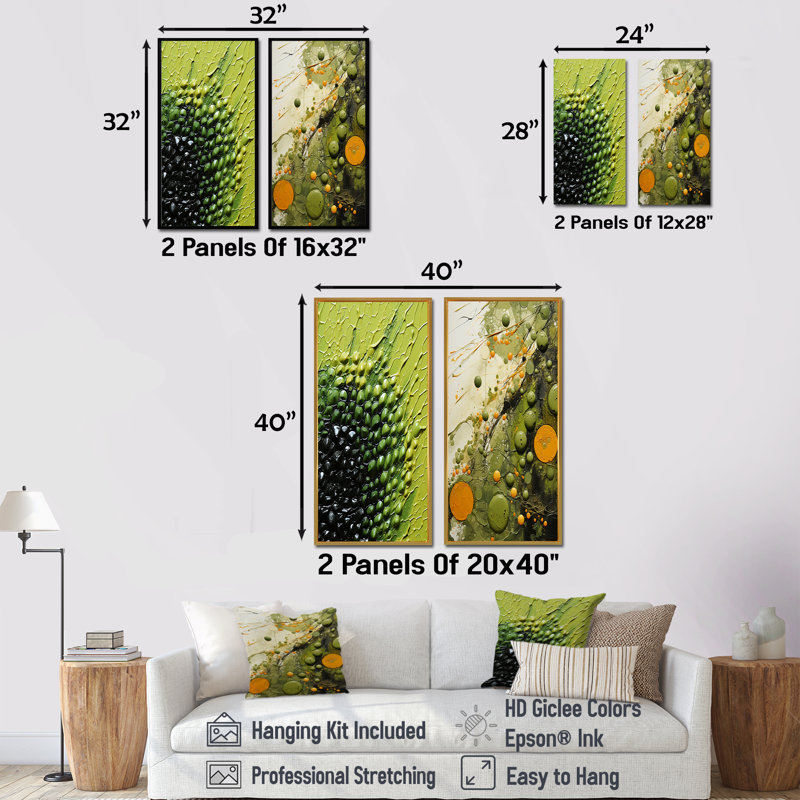 Avocat vert I et vert - Collages abstraits, ensemble de 2 reproductions d'art mural, H 28 po x l 25 po, Toile tendue