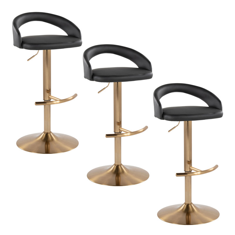 Laurenzio Upholstered Adjustable Bar Stool with Rounded T Footrest, Black Faux Leather, Set of 3, Gold
