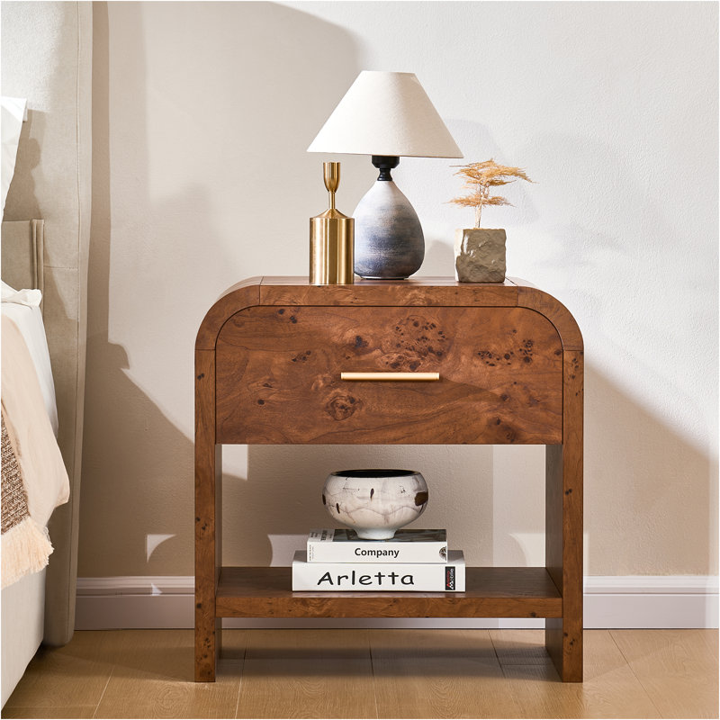 Modern Nightstand Set Of 2 Wooden Bedside Tables With Smooth Rounded Corner Design, Dark Burl