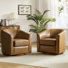 Fauteuil demi-tonneau pivotant en cuir véritable de 30,5 po de largeur avec base en bois massif Amiir