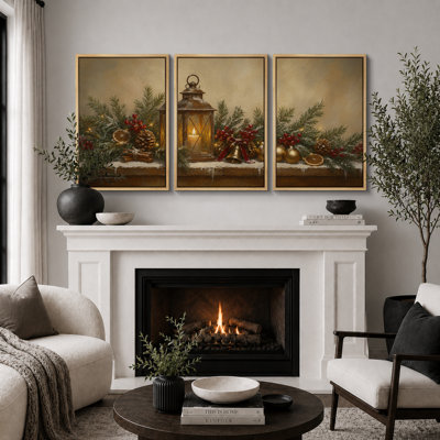 Décoration murale de Noël avec lanternes et branches de pin, tableau pour le salon, impression giclée sur toile encadrée en 3 parties - 3 pièces de 40,6 x 61 cm et 3 pièces de 61 x 91,4 cm