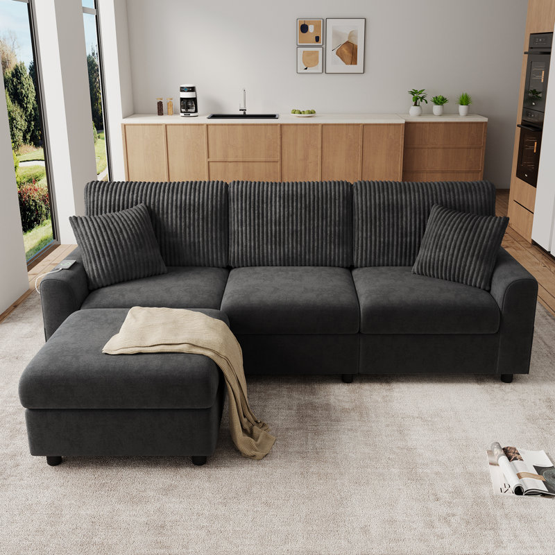 3 Seater Chenille Chaise End Sofa, Grey