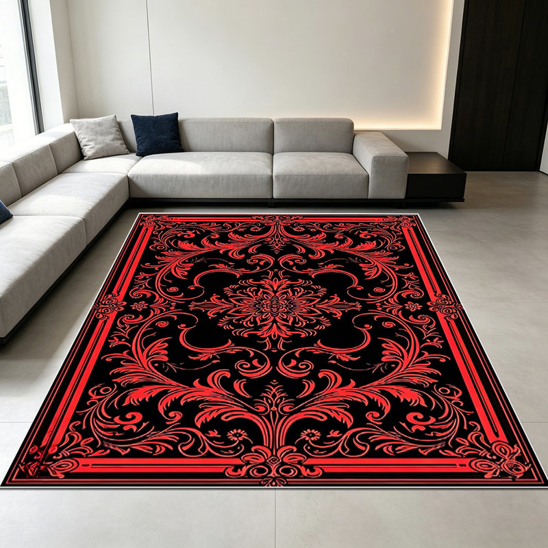 1PC Vintage Red Black Floral Damask area rugs for Living Room, Soft, All seasons, Easy-maintain, Washable Indoor mat, Farmhouse suitable for dining table, bedroom, entryway, kitchen, back patio, Home Decor, Outdoor Decor.