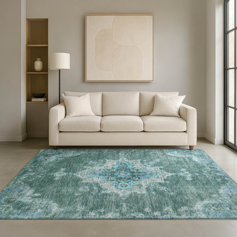Premium Machine Washable Mayfield AMF2321 Global Rug, Teal, 8' x 10'