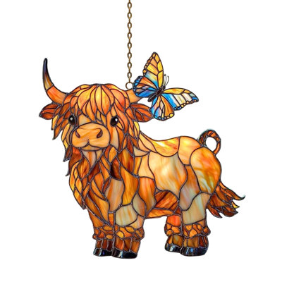 Highlands Cow Butterflys Suncatcher  Stained Glass Style Window Hanging Farm Animals Catcher Ornament For Home Window Garden Farmhouses Decor Gift For Cow Lover