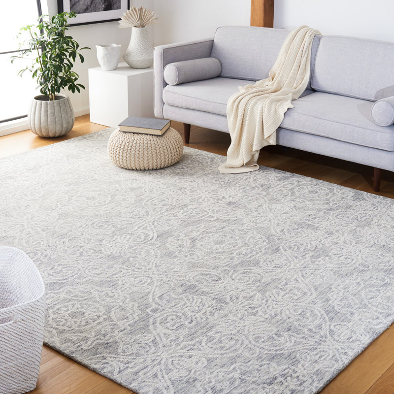 Fernandina Damask Handmade Tufted Wool Light Gray/Ivory Area Rug, Rectangle 8' x 10'