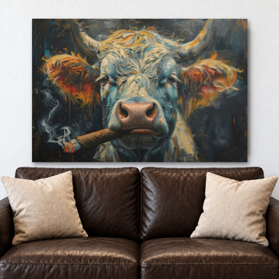 Cow Smoking Cigar Canvas Print, Modern Wall Art Decor for Home & Office, Painting Reproduction