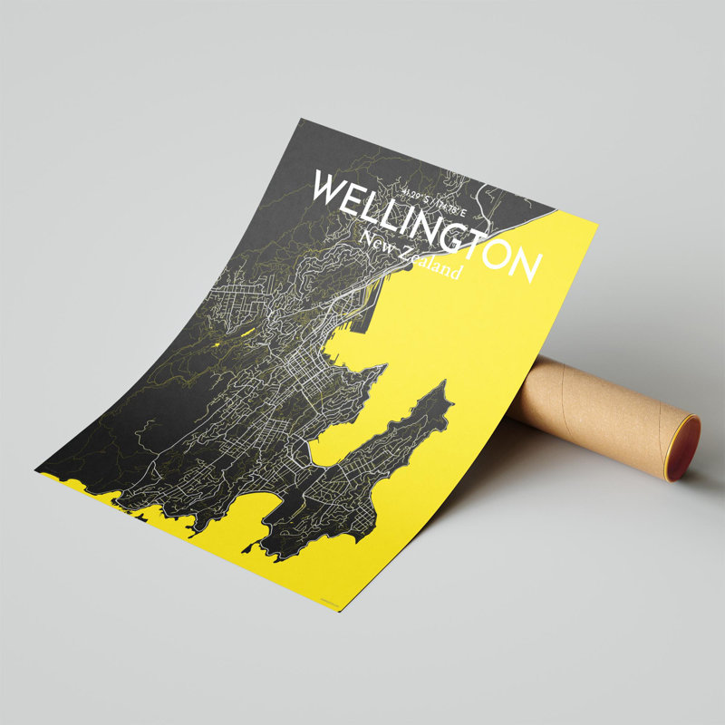 Wellington, carte de la ville, impression, Noir / Jaune, H 20 po x l 16 po