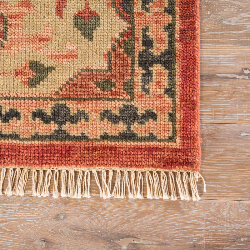 Tapis rouge / brun clair / vert en laine noué à la main Forcella, Rectangle 8 pi x 10 pi