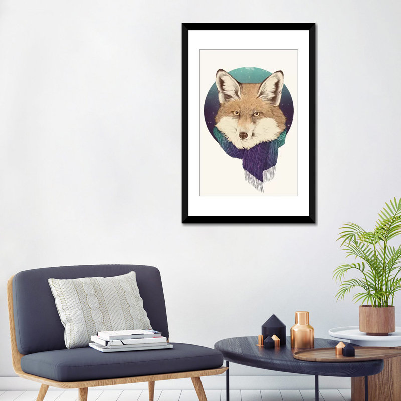 «Fox» par Laura Graves, impression sur toile, H 24 po x l 16 po x P 1 po, Papier beaux-arts encadré noir, Blanc